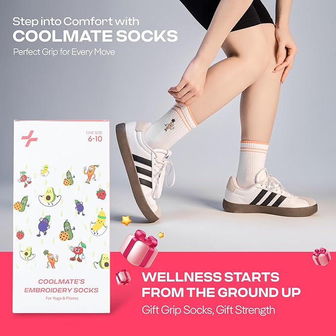 CoolMate Pilates Socks with Grips for Women, Yoga Socks, Crew Non Slip Women for Barre, Pilates Gifts for Women