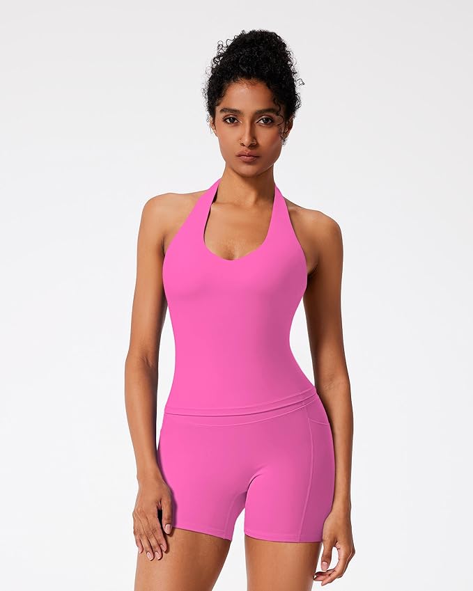 RXRXCOCO Halter Workout Sets for Women 2 Piece V Neck Tank Tops Hidden Scrunch Booty Shorts Gym Outfits with Pockets