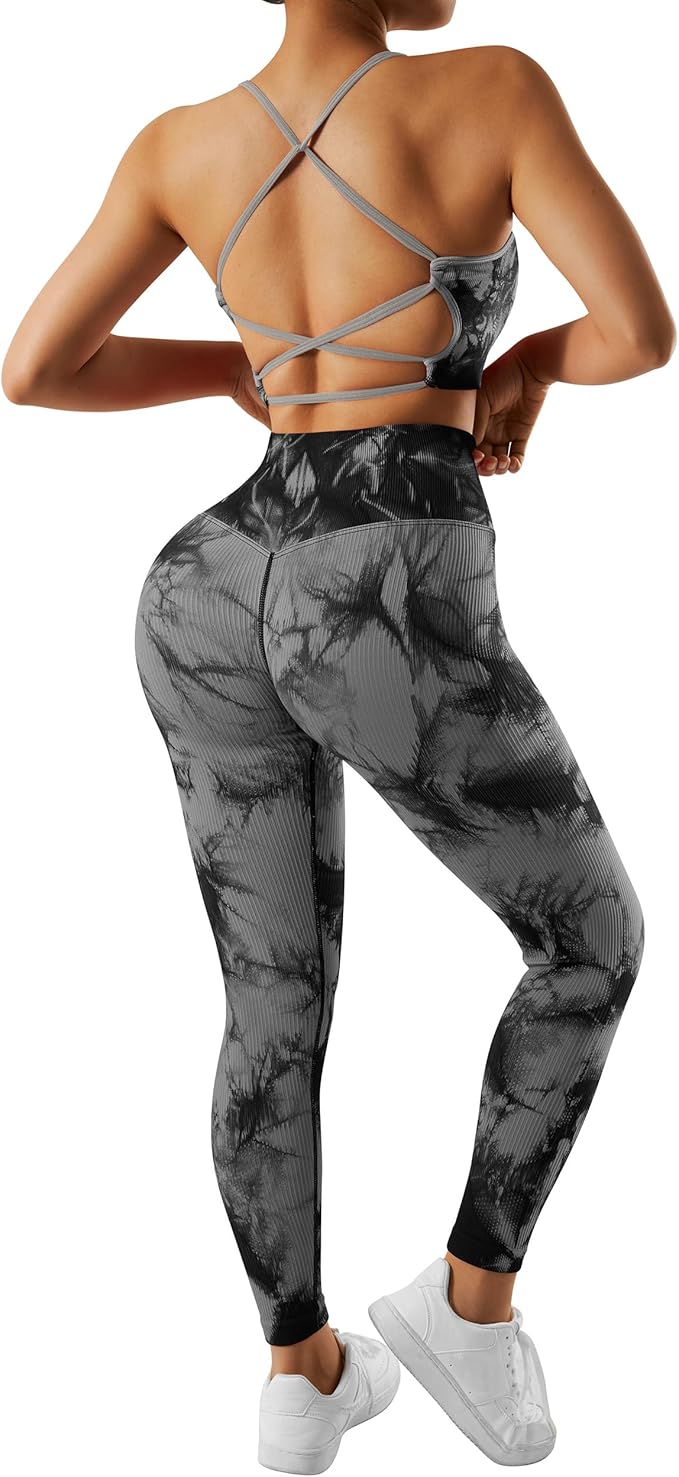 RXRXCOCO Ribbed Workout Sets for Women 2 Piece Backless Strappy Sports Bra Seamless Leggings Matching Set Yoga Outfits