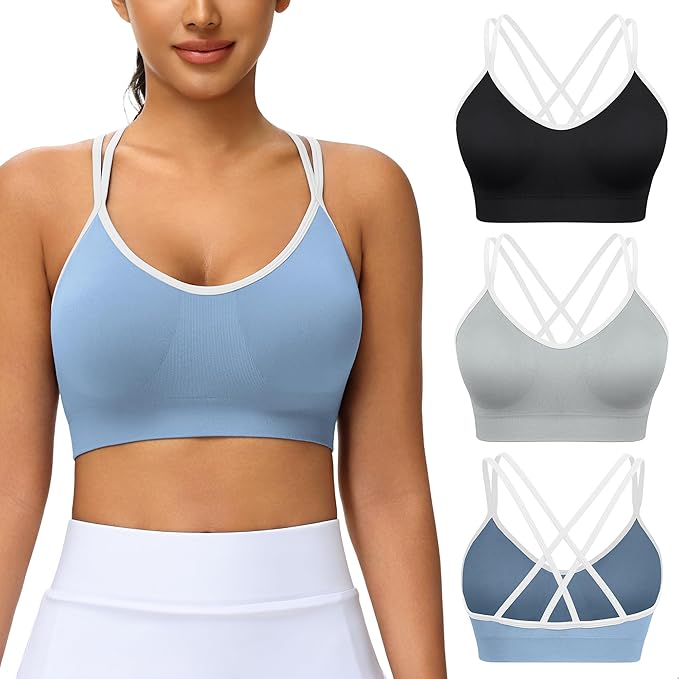 VEQKING Women's Cross Back Sports Bra Padded Strappy Medium Support Yoga Bra for Workout Fitness 3 Pack