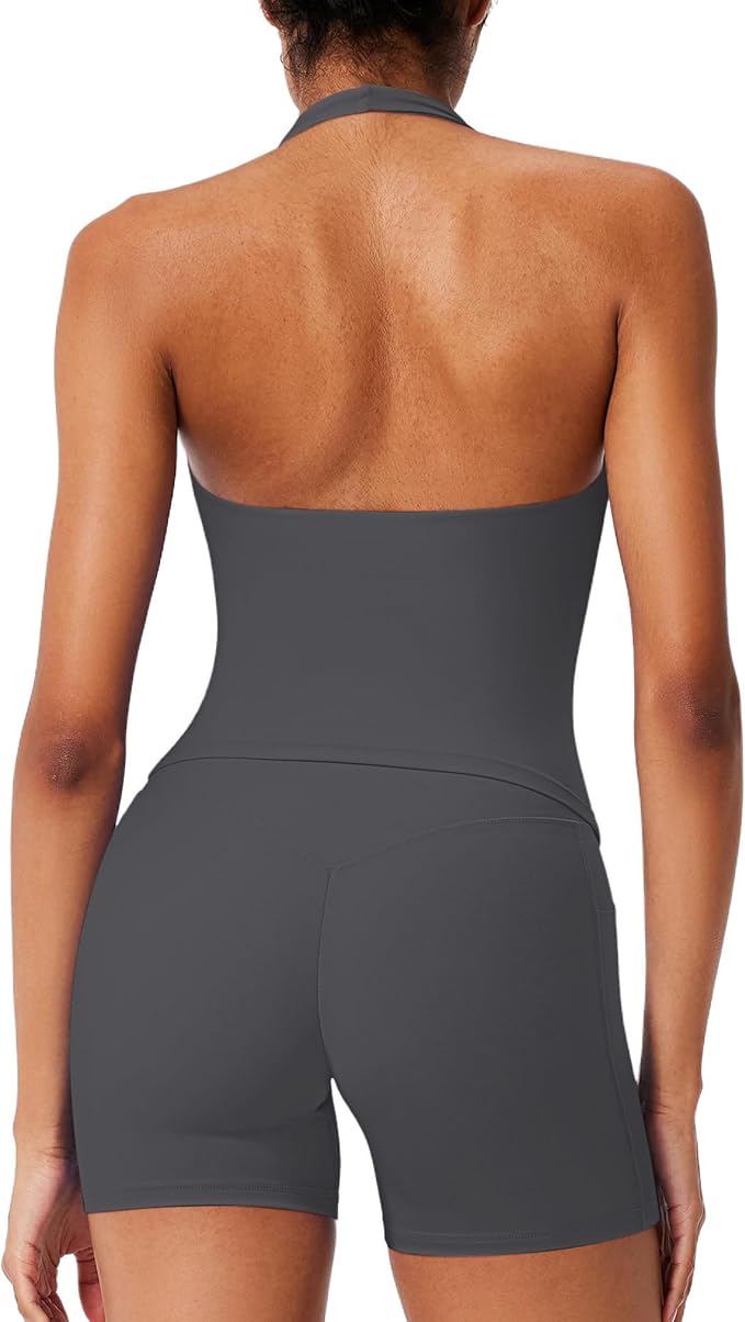 RXRXCOCO Halter Workout Sets for Women 2 Piece V Neck Tank Tops Hidden Scrunch Booty Shorts Gym Outfits with Pockets