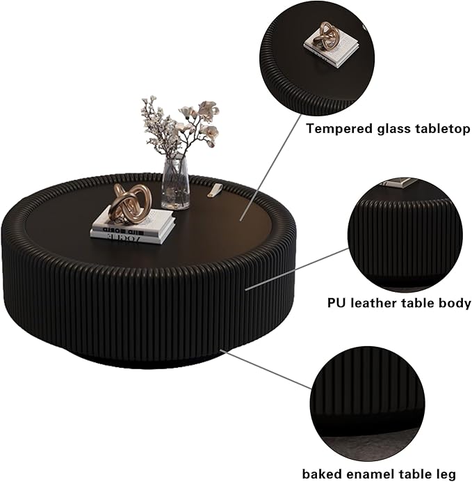 31.5" Black Round Coffee Table with Storage, Tempered Glass Top PU Leather Body & Baked Enamel Base, Modern Minimalist Fluted Circle Center Tables for or Living Room, Bedroom, Apartment