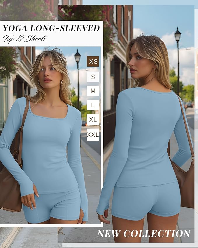 Oakgarden Women's Long Sleeve Yoga Set Square Neck Slim Fit Tops Elastic Soft Thumb Hole Shirt High Waist Shorts with Pockets