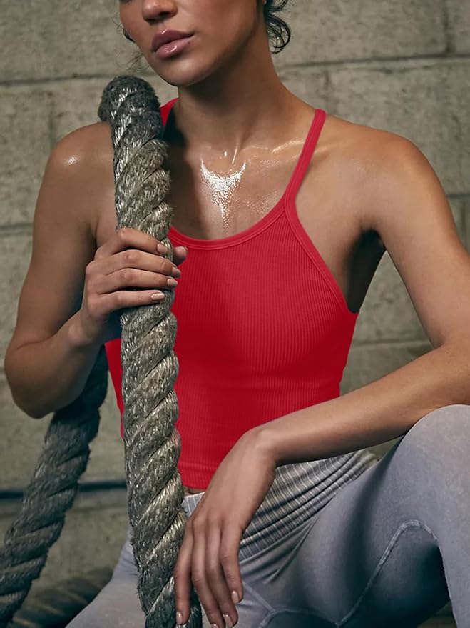 LASLULU Womens Sports Bra Seamless Long Crop Tank Racer Back Spaghetti Strap Workout Yoga Bra Padded Halter Neck Casual Tops