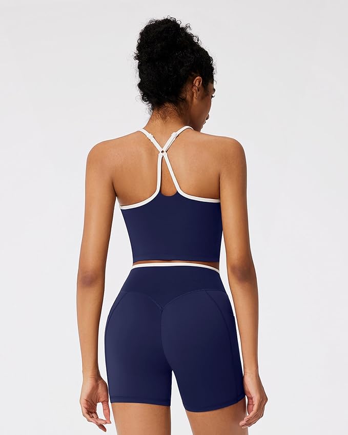 RXRXCOCO Color Block Workout Sets for Women 2 Piece Padded Strappy Tank Tops Hidden Scrunch Booty Shorts with Pockets