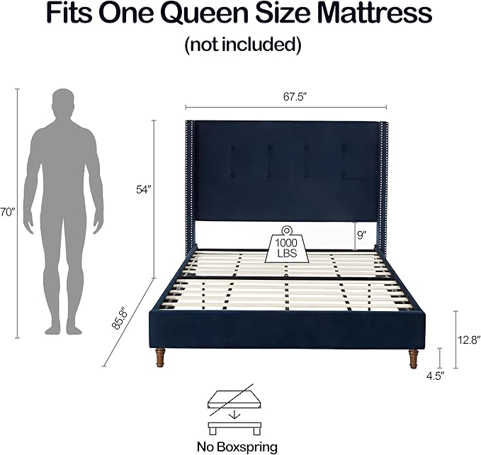 Upholstered Bed Frame, 54" Tall Headboard Wingback Upholstered Platform Bed Frame for Kids Teens Adults Bedroom Strong Wood Slats Support/No Box Spring Needed (Blue, Queen)