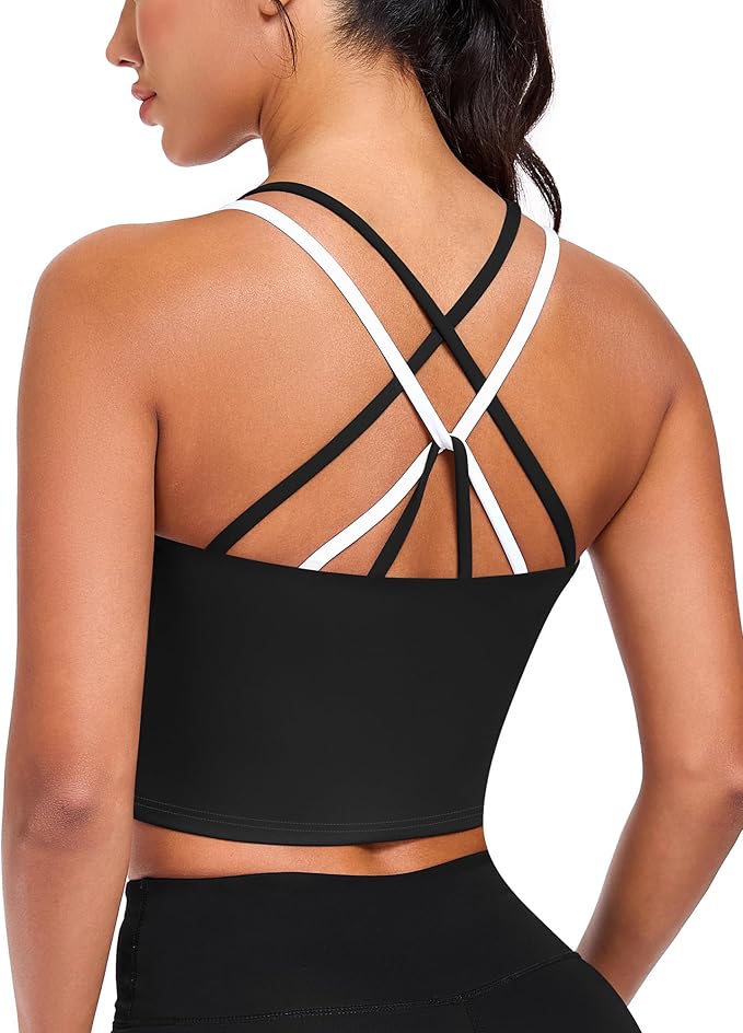 QUOJIZY Longline Sports Bras for Women Spaghetti Straps Tank Top with Built-in Bra Strappy Sports Bra for Yoga