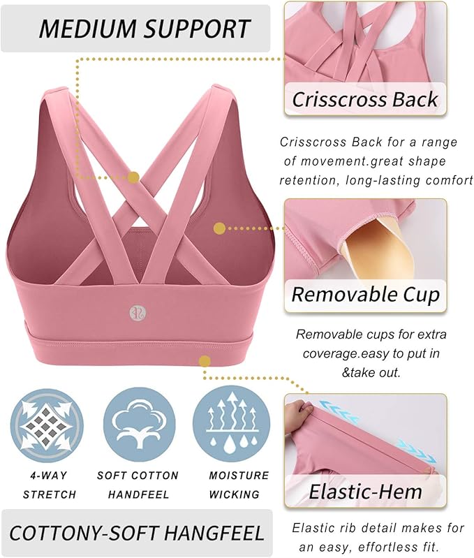 RUNNING GIRL Sports Bras for Women,Padded Strappy Sports Bras Criss-Cross Back Medium Support Sports Bras with Removable Cups