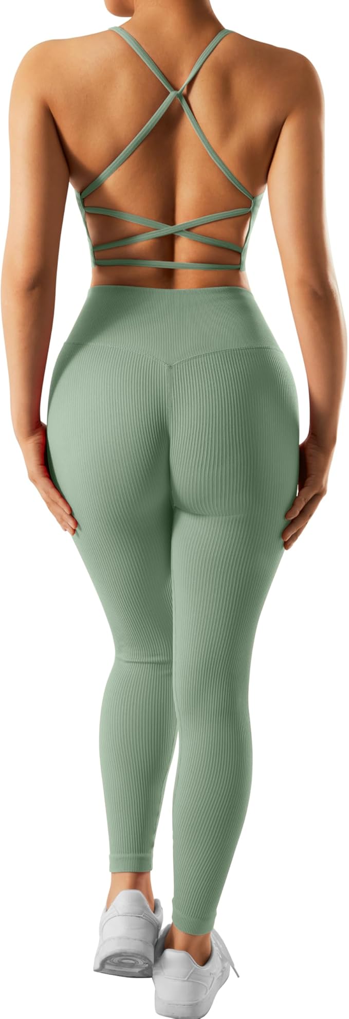 RXRXCOCO Ribbed Workout Sets for Women 2 Piece Backless Strappy Sports Bra Seamless Leggings Matching Set Yoga Outfits