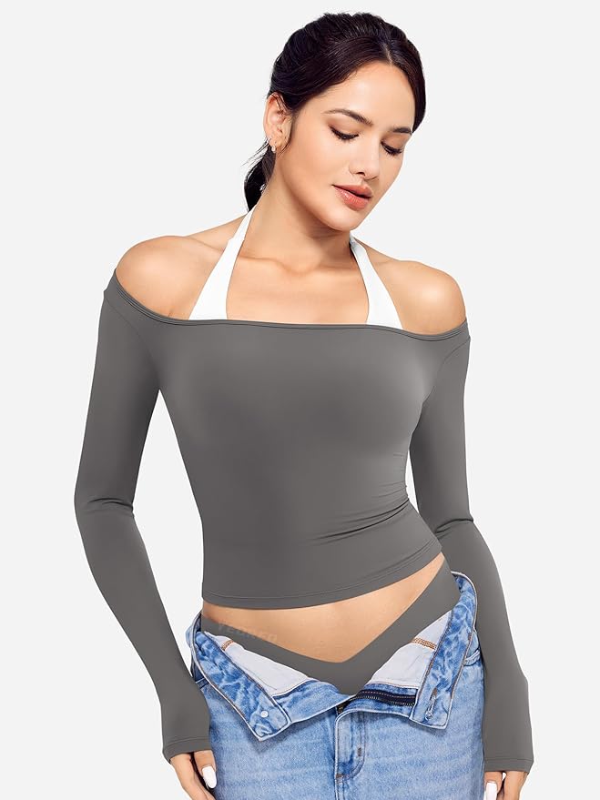 YEOREO Long Sleeve Workout Tops for Women Square Neck Slim Fitted Double Lined Compression Shirt Basic Casual Gym Yoga Tops