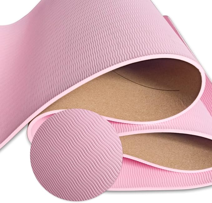 Numat Cork Yoga Mat 6mm (1/4 inch) Thick 72 x 24 in, Sweatproof NonSlip Eco-friendly, Lightweight TPE foam with Alignment Lines, Great for Hot Yoga, Pilates, Gym and Exercise, Black Carrying Bag w. Strap Included