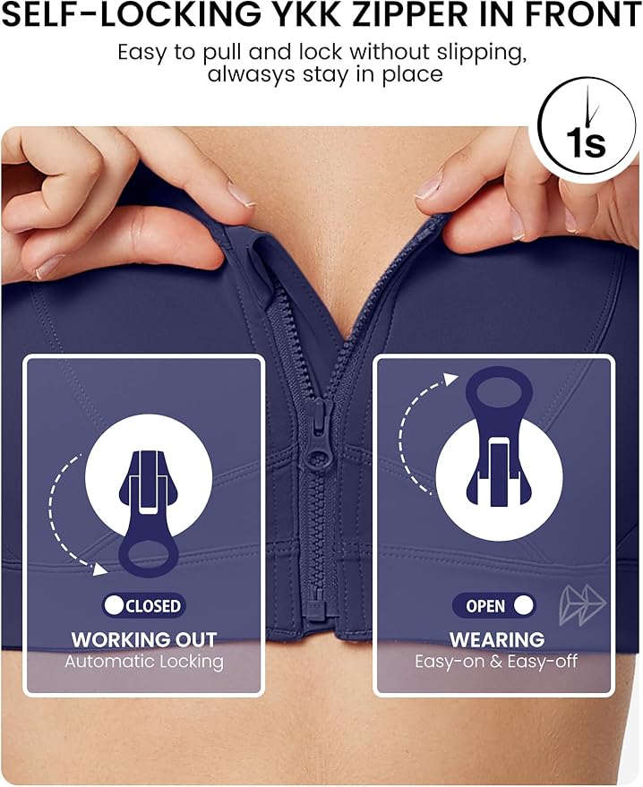 Yvette Zip Front Sports Bra - High Impact Sports Bras for Women Plus Size Workout Fitness Running