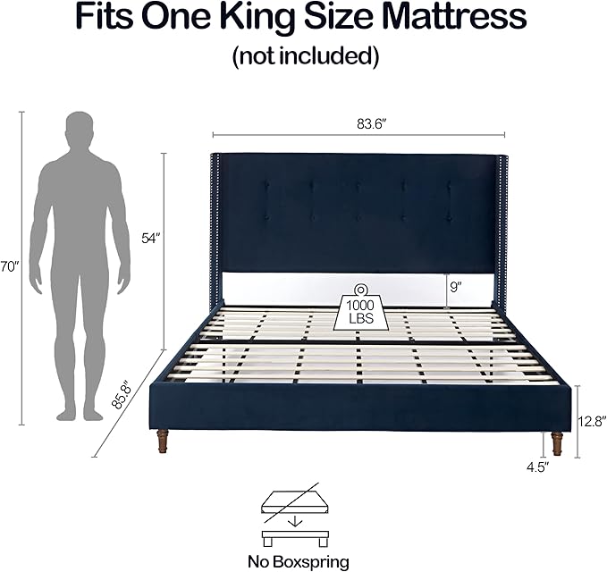 Upholstered Bed Frame, 54" Tall Headboard Wingback Upholstered Platform Bed Frame for Kids Teens Adults Bedroom Strong Wood Slats Support/No Box Spring Needed (Blue, King)