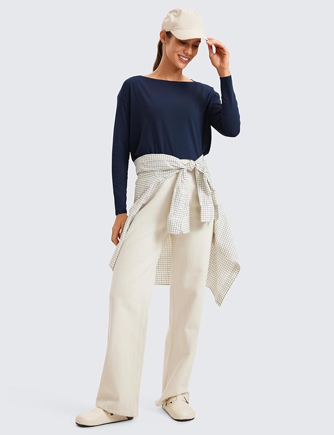 CRZ YOGA Pima Cotton Boat Neck Long Sleeve Shirts for Women - Workout Athletic Yoga Casual Tops Loose Fit Fall T-Shirts