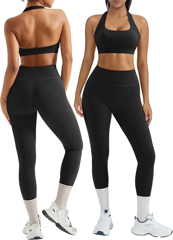 OMKAGI 2 Piece Workout Sets for Women Halter Sports Bras Gym Sets Booty Leggings Outfits
