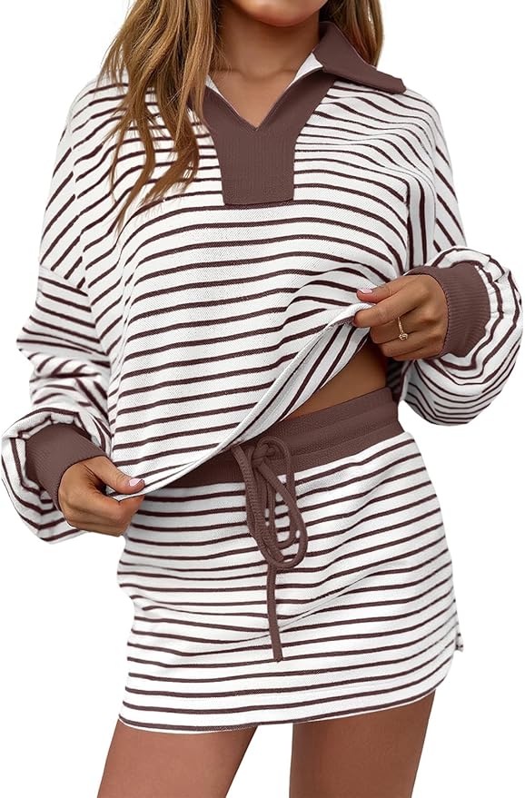 Fisoew Womens Striped 2 Piece Outfits Casual Sweatshirt Skirt Set Long Sleeve Skort Workout Set Matching Lounge Sets