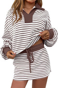 Fisoew Womens Striped 2 Piece Outfits Casual Sweatshirt Skirt Set Long Sleeve Skort Workout Set Matching Lounge Sets
