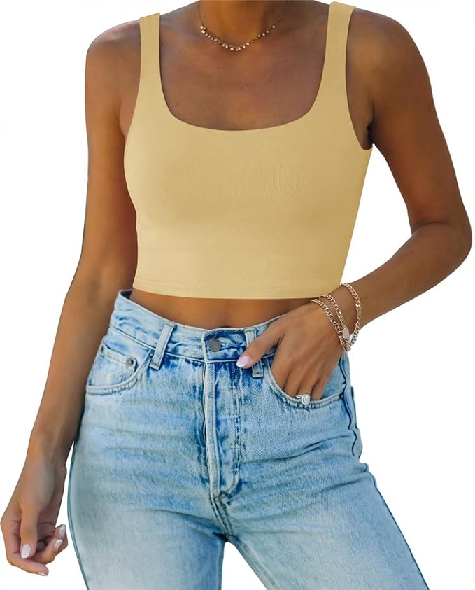 REORIA Women’s Sexy Square Neck Double Lined Seamless Sleeveless Cropped Tank Yoga Crop Basic Tops