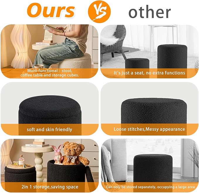 Round Ottoman with Storage Set of 2 - Upholstered Sherpa Vanity Stool for Makeup Multifunctional Ottomans Coffee Table Padded Seat Foot Rest for Living Room & Bedroom (Sherpa, Black)