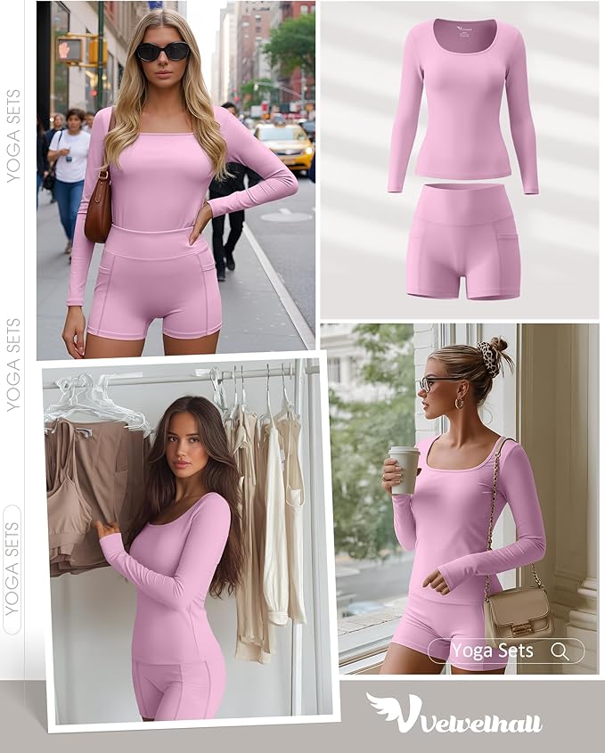 Women Workout Sets 2 Piece Yoga Square Neck Long Sleeve Top Athletic Seamless Short Pockets Sport Gym Run Outfits