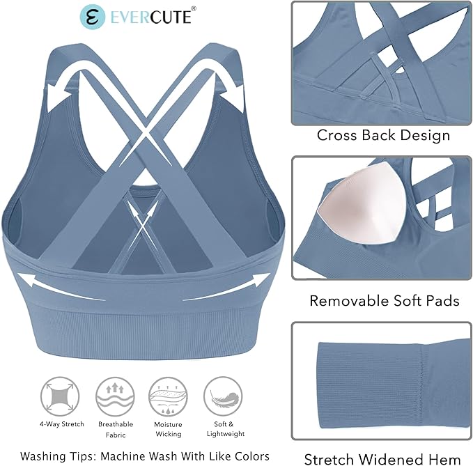 Evercute Sports Bras for Women Padded Medium Support Criss Cross Strappy Bra Seamless High Impact Yoga Exercise Athletic Bras