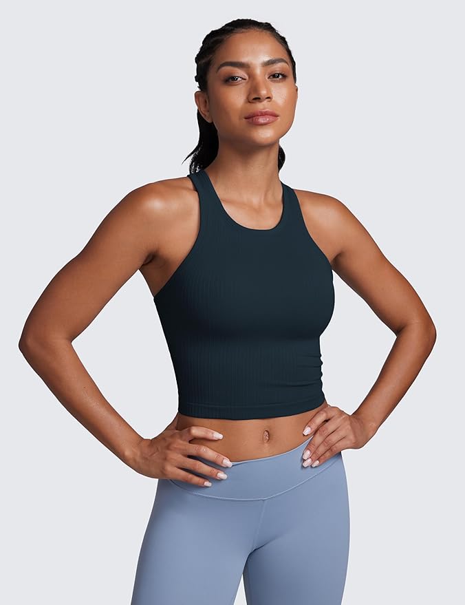 CRZ YOGA Seamless Ribbed High Neck Crop Tank Tops for Women - Longline Racerback Padded Sports Bras