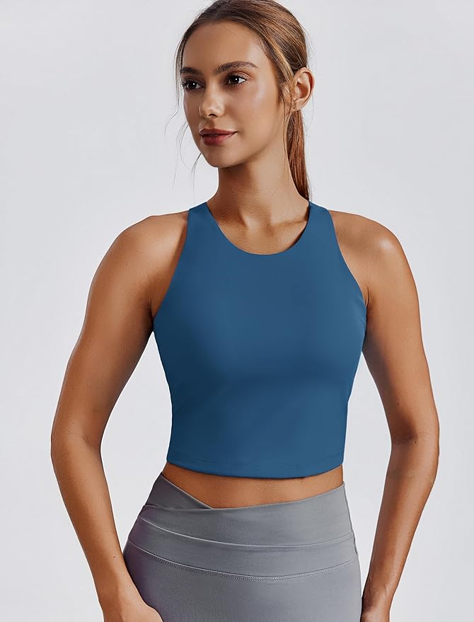 PINSPARK Women Sports Bra High Neck Racerback Workout Crop Tank Top Longline Padded Yoga Tops with Built in Pads