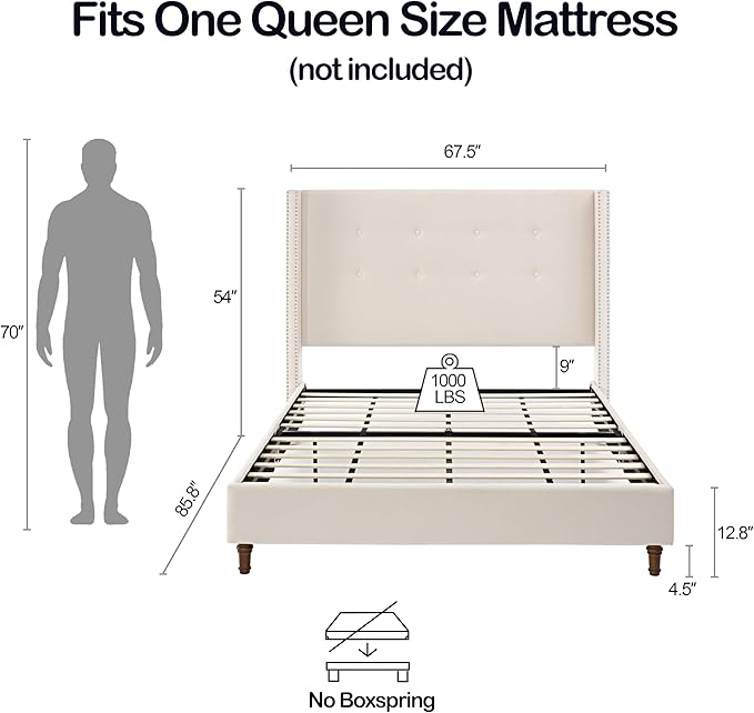 Upholstered Bed Frame, 54" Tall Headboard Wingback Upholstered Platform Bed Frame for Kids Teens Adults Bedroom Strong Wood Slats Support/No Box Spring Needed (Ivory Velvet, Queen)