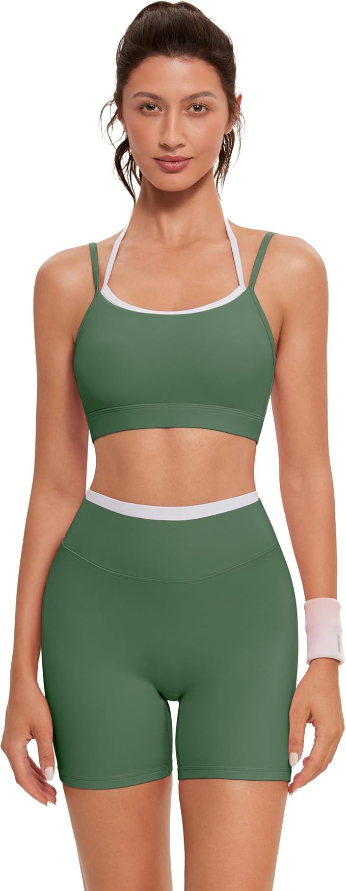 OMKAGI Workout Sets for Women Cute Doubel Layer Open Back Sports Bras Gym Shorts Outfits
