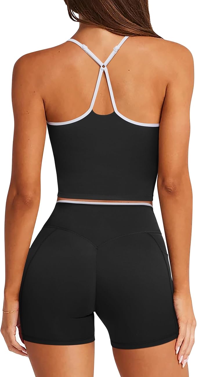 RXRXCOCO Color Block Workout Sets for Women 2 Piece Padded Strappy Tank Tops Hidden Scrunch Booty Shorts with Pockets