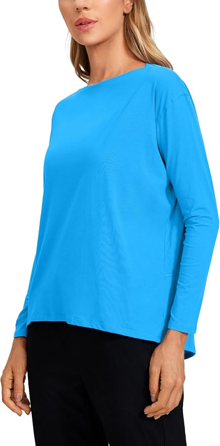 CRZ YOGA Pima Cotton Boat Neck Long Sleeve Shirts for Women - Workout Athletic Yoga Casual Tops Loose Fit Fall T-Shirts