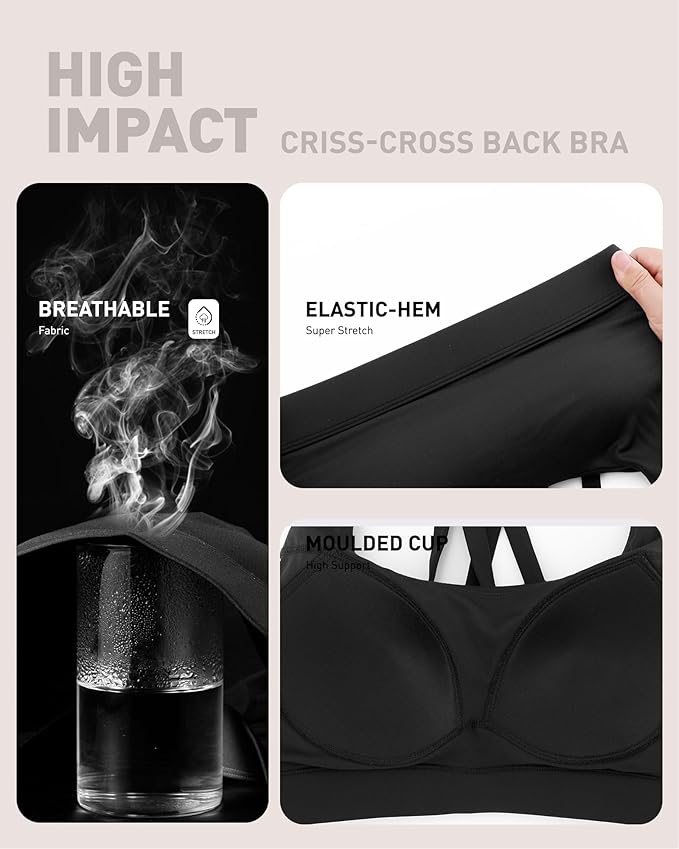 RUNNING GIRL High Impact Sports Bras for Women - Scoop Neck Strappy Sports Bra High Support Moulded Cup Workout Bra