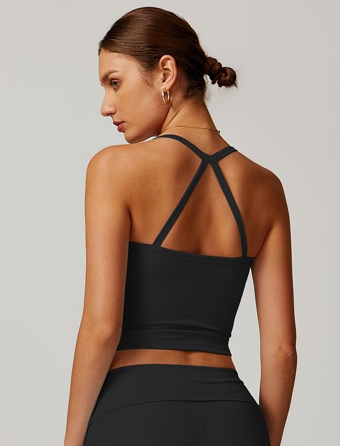 QBGJTD Womens Longline Sports Bras Cross Back Active Gym Yoga Padded Workout Crop Tank Top with Built in Bra