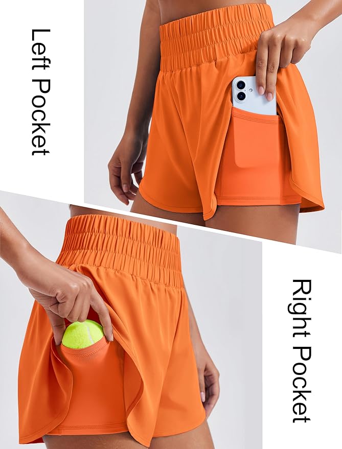 PINSPARK Women's 2 in 1 Running Shorts High-Split Athletic Short High Waisted 3" Liner Workout Gym Short with Pockets
