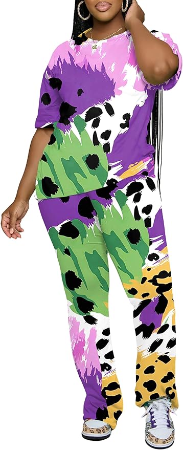PINSV Women 2 Piece Outfits Short Sleeve Top and Flare Pants Lounge Sets Tracksuit