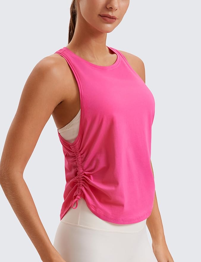 CRZ YOGA Pima Cotton Ruched Side Tank Tops for Women - Workout Athletic Casual Racerback Crewneck Loose Sleeveless Shirts