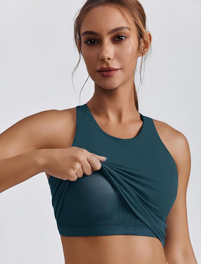 PINSPARK Women Sports Bra High Neck Racerback Workout Crop Tank Top Longline Padded Yoga Tops with Built in Pads
