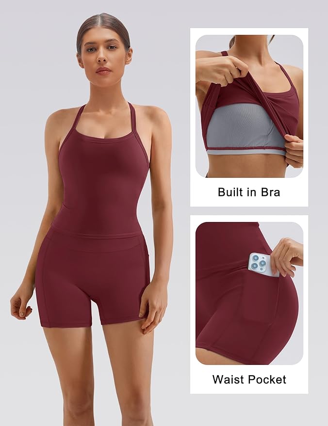 SUUKSESS Women 2 Piece Workout Sets High Waisted Biker Shorts with Pockets Built in bra Racerback Tank Tops