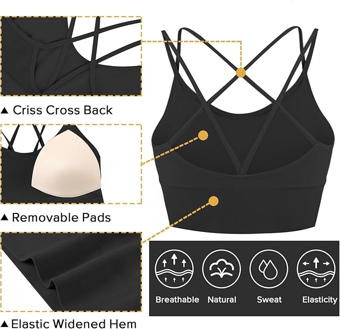 Sykooria 3 Pack Strappy Sports Bra for Women Sexy Crisscross for Yoga Running Athletic Gym Workout Fitness Tank Tops