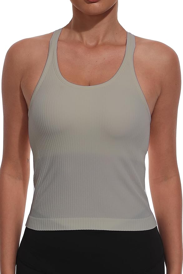 YIOIOIO Women Ribbed Workout Crop Tops with Built in Bra Seamless Yoga Racerback Tank Top Tight Fit