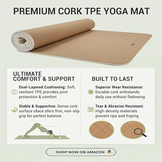 Cork Yoga Mat 6mm Extra Thick Cushioning High Density Natural Rubber Exercise Pad 72 x 24 Inch for Home Gym