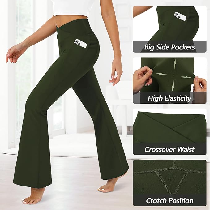 DLOODA Women's Flare Leggings with Pockets Crossover High Waisted Bootcut Yoga Pants Tummy Control Bell Bottom Leggings