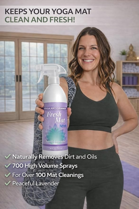 Fresh Mat Yoga Mat Cleaner Spray - Natural Deodorizing Cleaner for Yoga Mats & Fitness Equipment - No-Rinse, Residue-Free Formula with Witch Hazel & Essential Oil, Peaceful Lavender (24 fl oz).