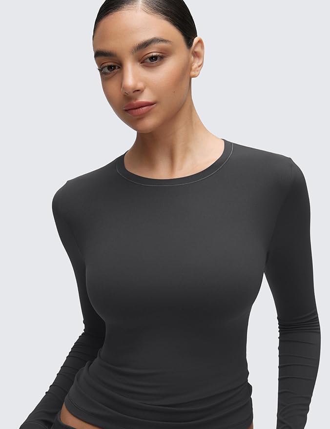 CRZ YOGA Softembrace Crewneck Long Sleeve Shirts for Women - Casual Going Out Tops Soft Basic Fitted Tight Fall T-Shirts