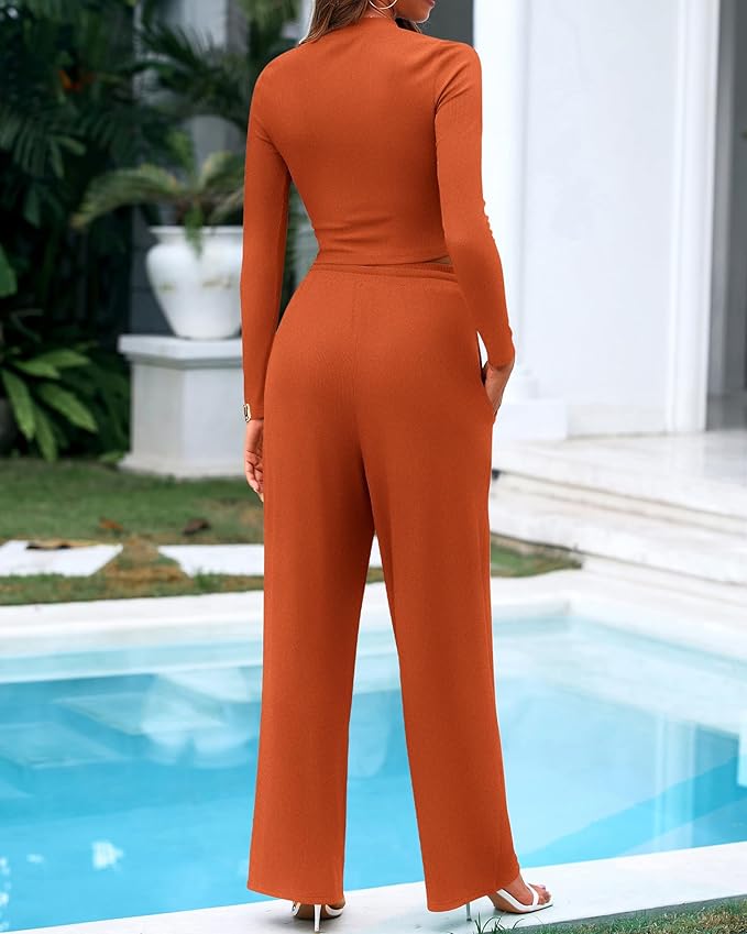 BTFBM Casual 2 Piece Sets For Women Fall Outfits 2026 Ribbed Spring Long Sleeve Crop Top Wide Leg Pants Matching Lounge Set