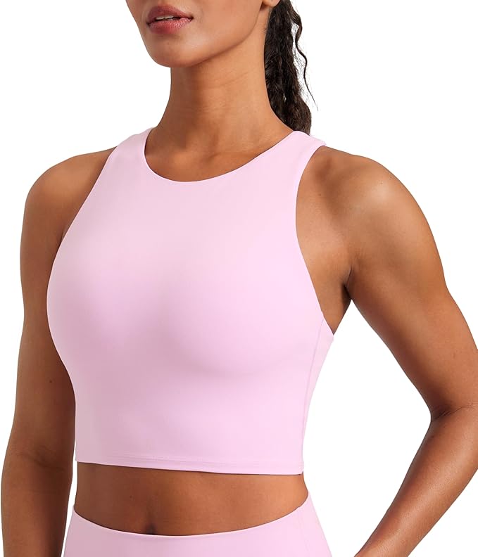 CRZ YOGA Butterluxe High Neck Crop Tank Tops for Women - Racerback Padded Longline Sports Bras Workout
