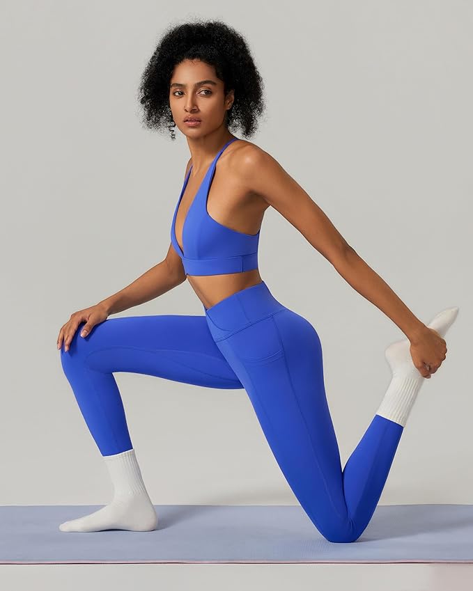 RXRXCOCO 2 Piece Workout Sets for Women Strappy Sports Bra Booty Leggings with Pockets Yoga Gym Outfits