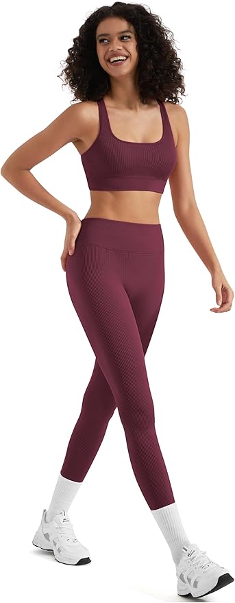 RXRXCOCO Ribbed Workout Sets for Women 2 Piece Backless Strappy Sports Bra Seamless Leggings Matching Set Yoga Outfits