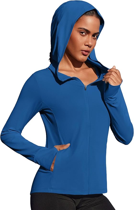 PINSPARK Women's UPF 50+ Sun Protection Hoodie Jacket Lightweight Full Zip Athletic Jacket Long Sleeve Shirt with Pockets