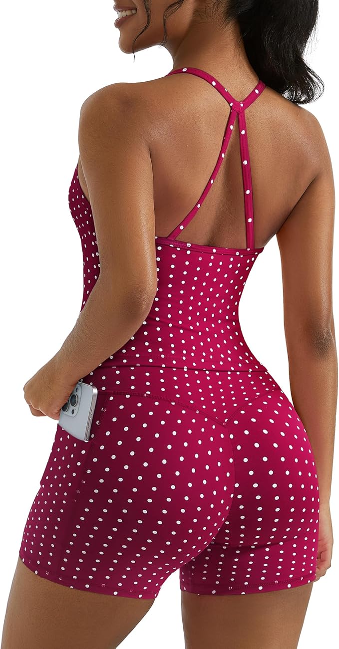 OMKAGI 2 Piece Workout Sets for Women Padded Sports Bra Tank Booty Gym Shorts with Pockets